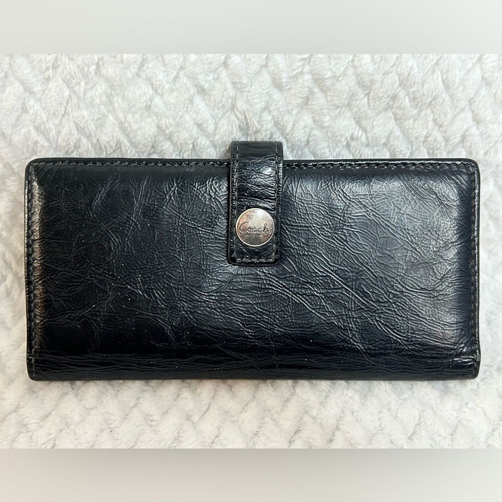 Coach Black Leather Multi Card Case Checkbook Bifold Wallet Purse With ID slot